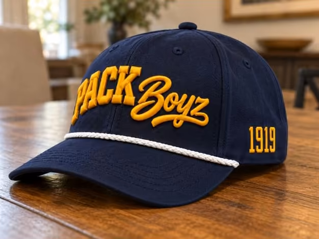 Pack Boyz first edition hat in navy with raised yellow embroidery, white rope and 1919 side detail